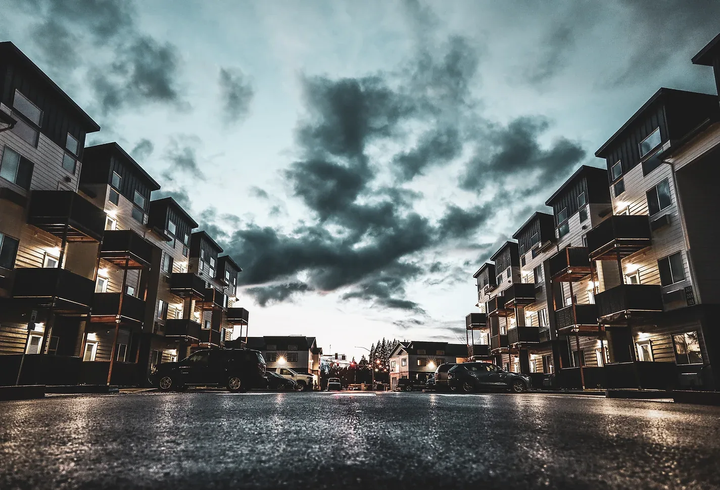 Apartment buildings beneath an evening sky in Oregon